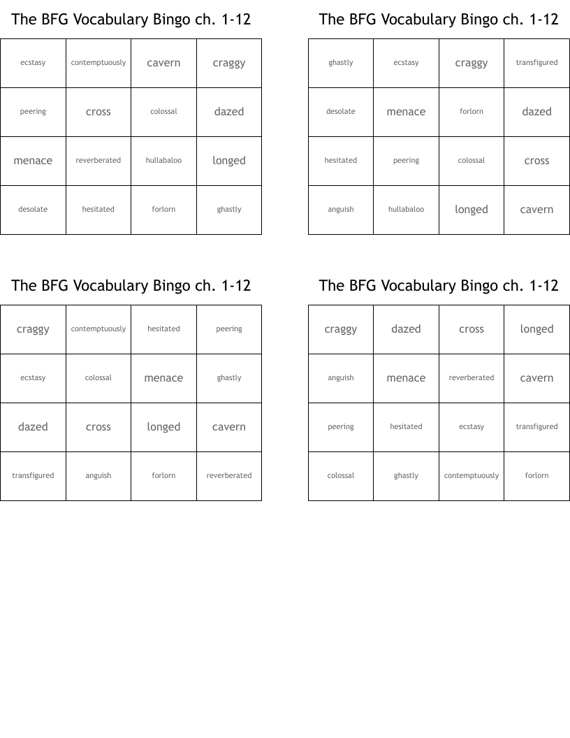 The BFG Vocabulary Bingo ch. 1-12