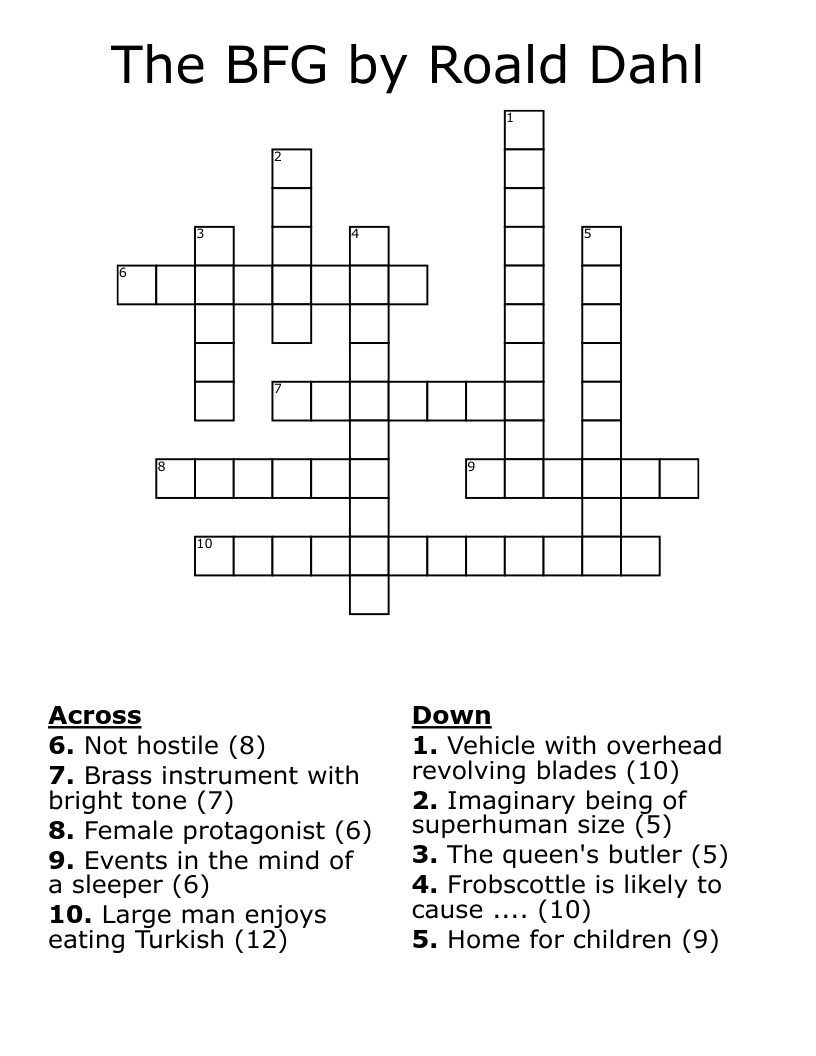 The BFG by Roald Dahl Crossword