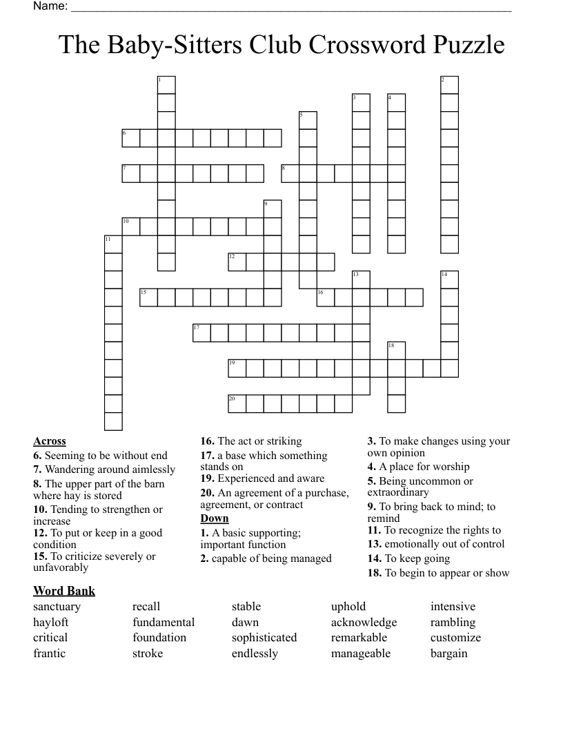The Baby-Sitters Club Crossword Puzzle