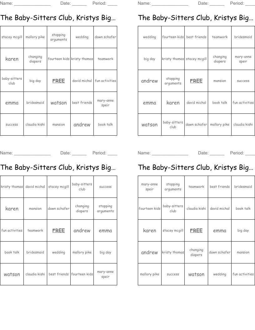 The Baby-Sitters Club, Kristys Big Day Bingo Cards