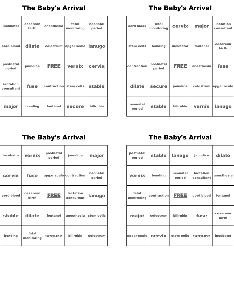 The Baby's Arrival Bingo Cards