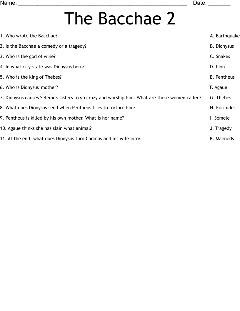 The Bacchae 2 Worksheet