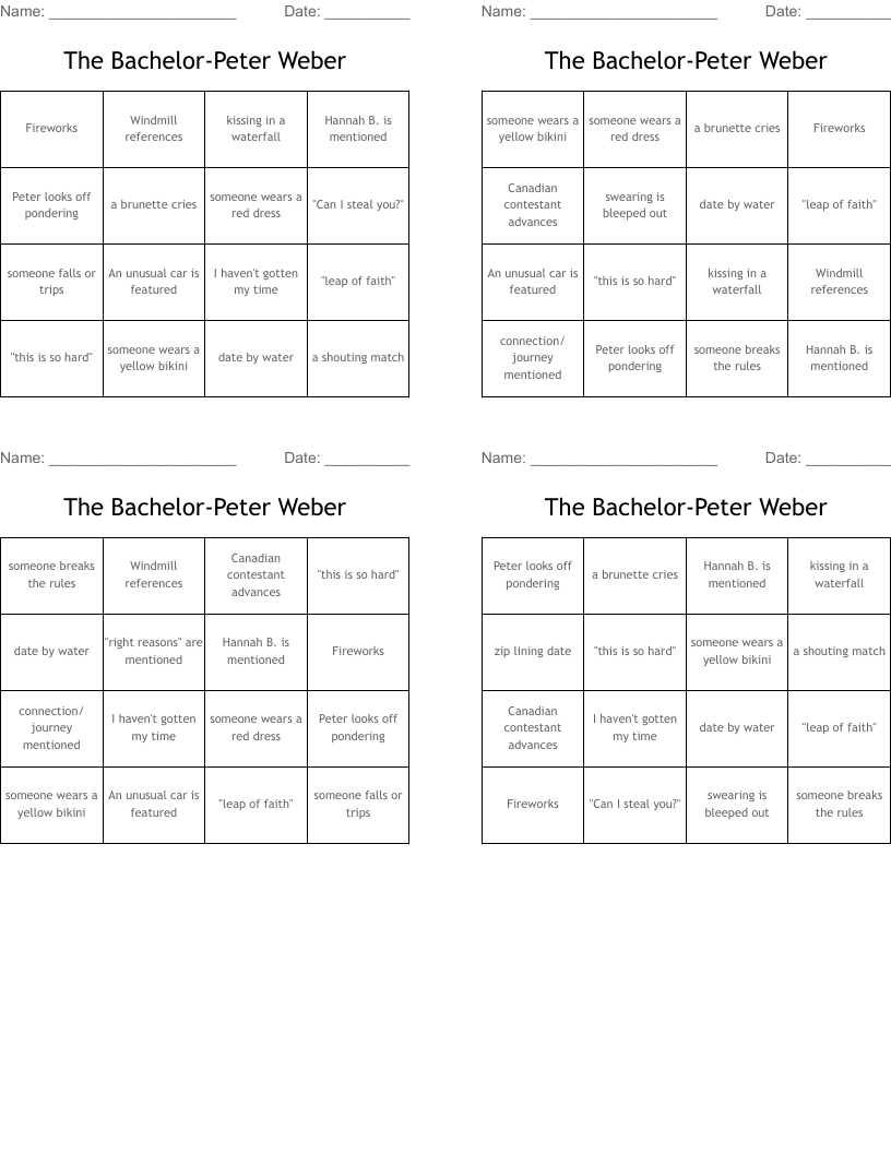 The Bachelor-Peter Weber Bingo Cards