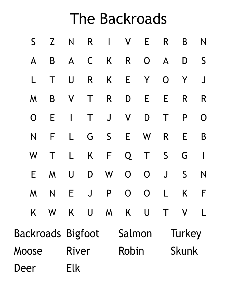 The Backroads Word Search