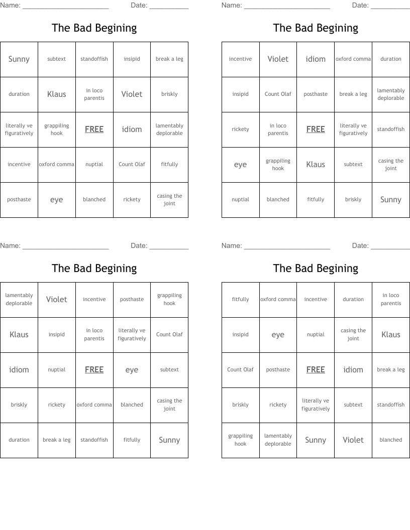 The Bad Begining Bingo Cards