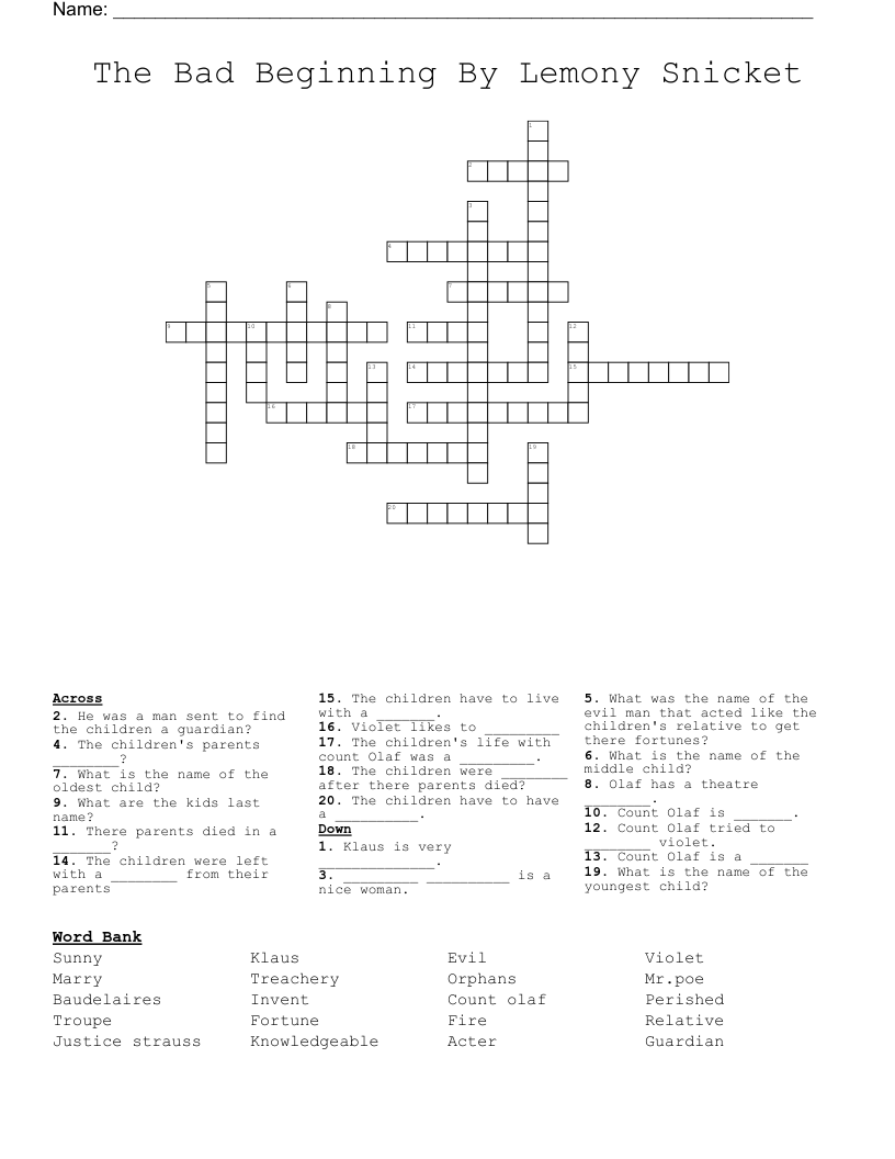 The Bad Beginning By Lemony Snicket Crossword
