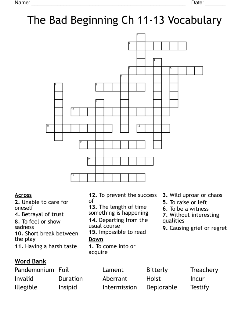 The Bad Beginning Ch 11-13 Vocabulary  Crossword