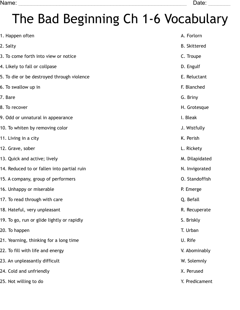 The Bad Beginning Ch 1-6 Vocabulary Worksheet