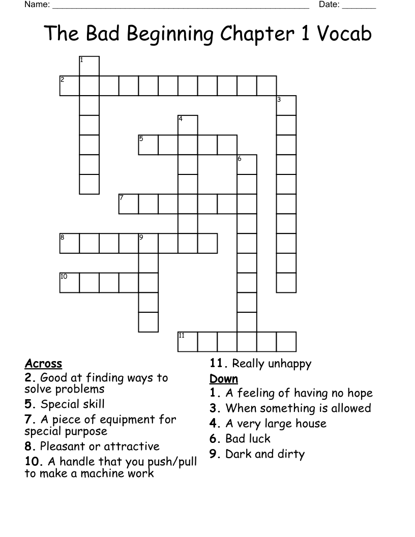 The Bad Beginning Chapter 1 Vocab Crossword