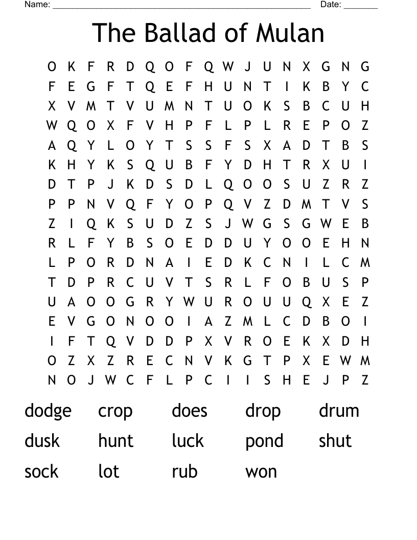 The Ballad of Mulan Word Search