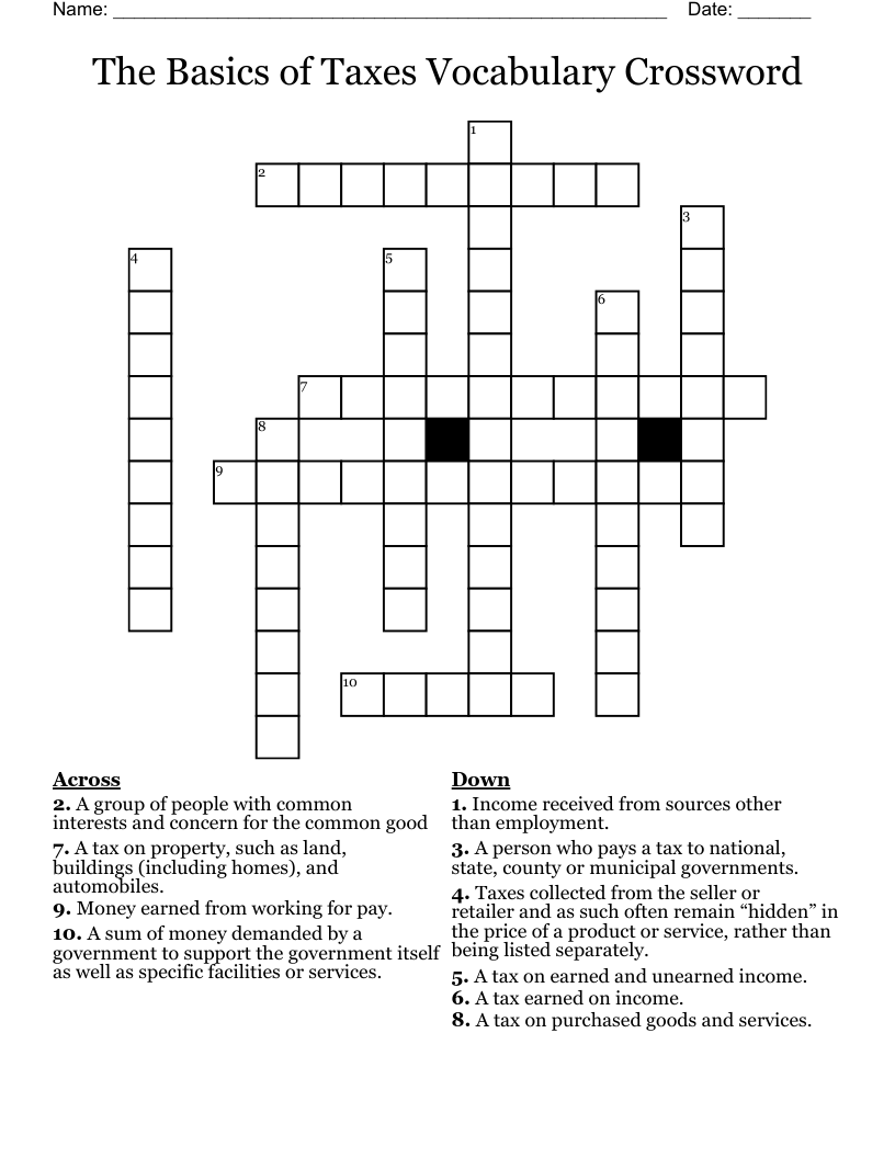 The Basics of Taxes Vocabulary Crossword