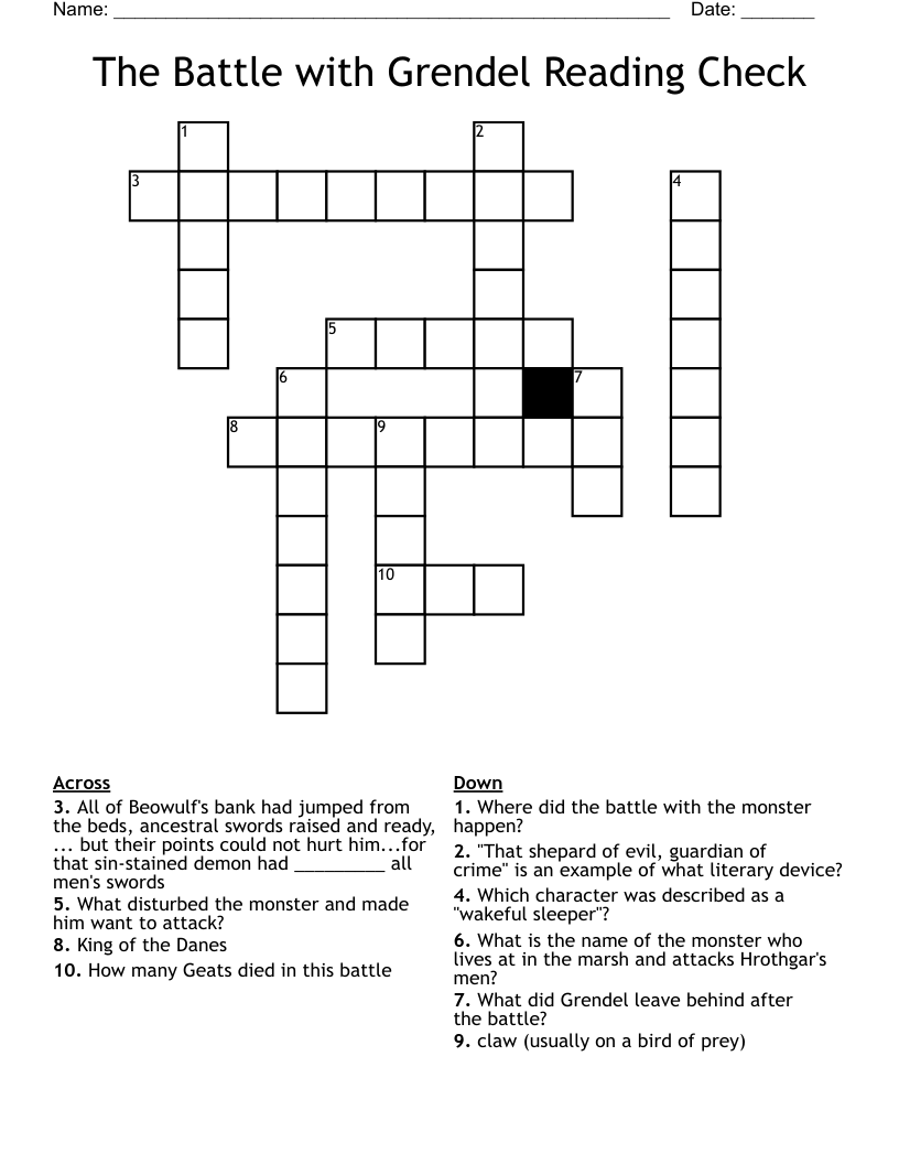 The Battle with Grendel Reading Check Crossword