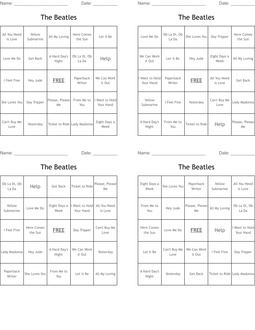The Beatles Bingo Cards