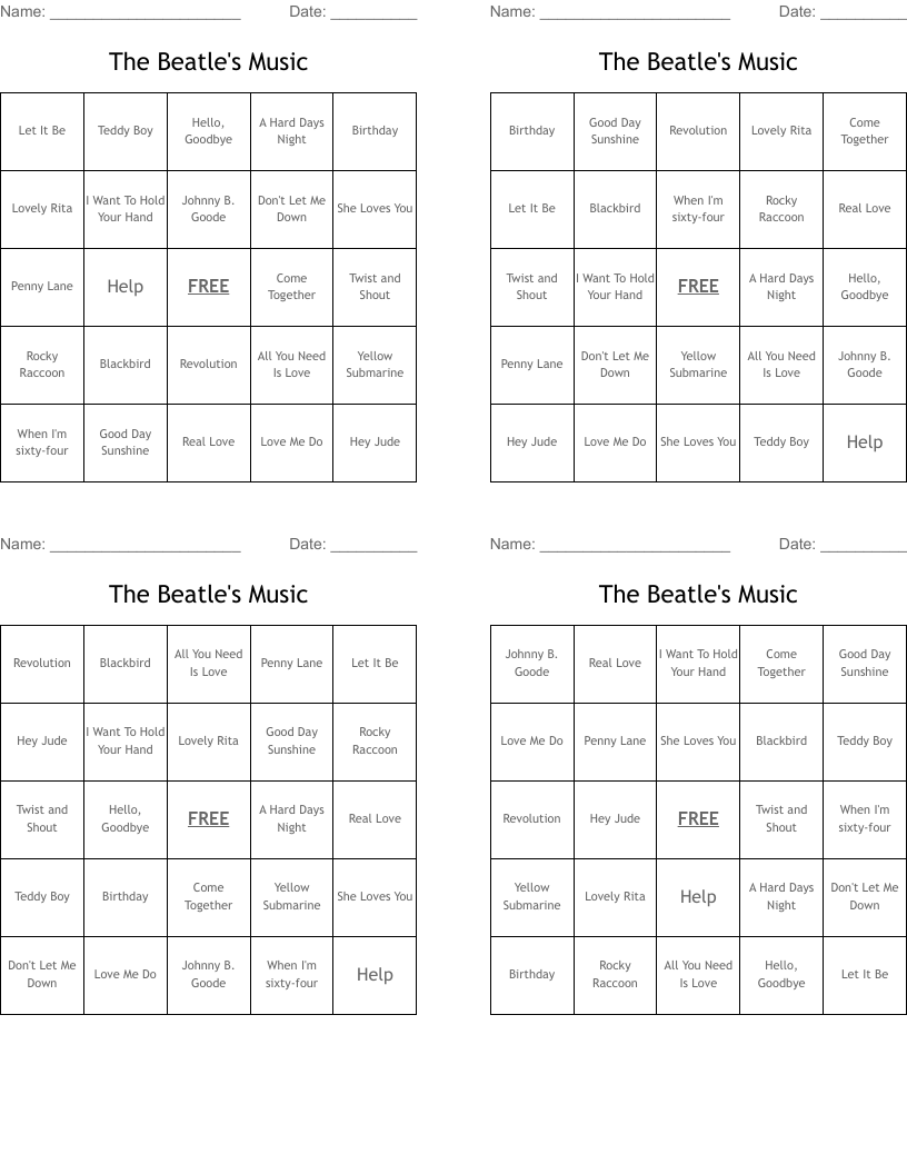 The Beatle's Music Bingo Cards