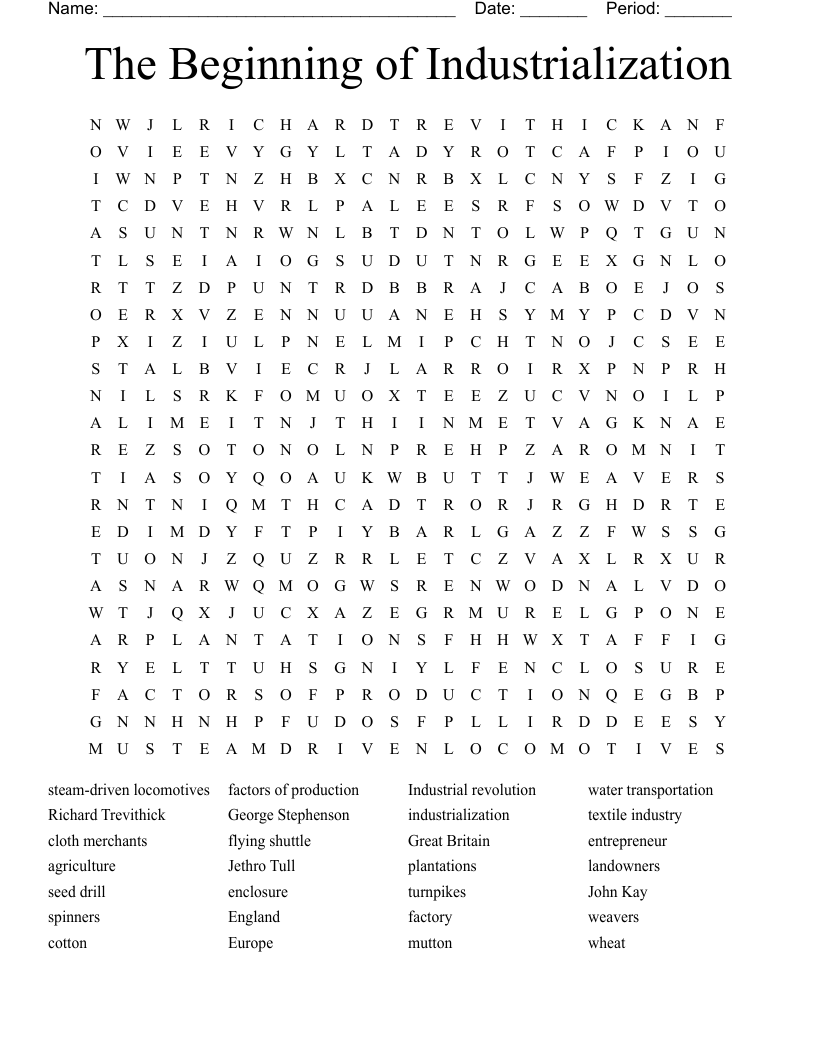 The Beginning of Industrialization Word Search