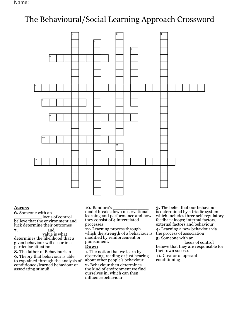 The Behavioural/Social Learning Approach Crossword