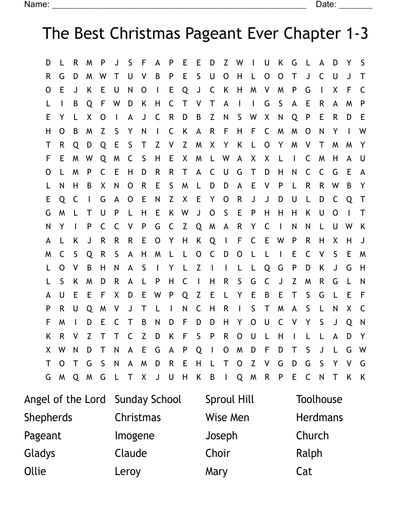 The Best Christmas Pageant Ever Chapter 1-3 Word Search