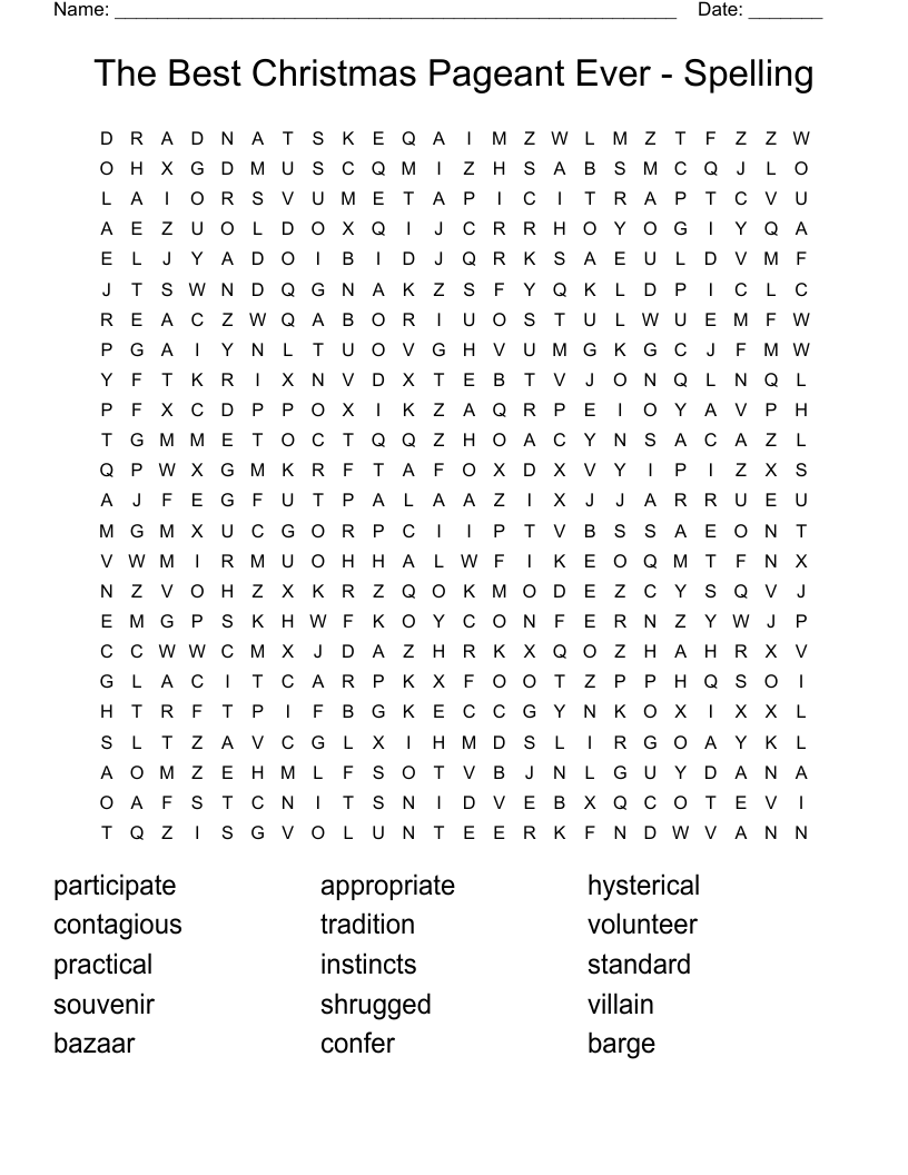 The Best Christmas Pageant Ever - Spelling Word Search
