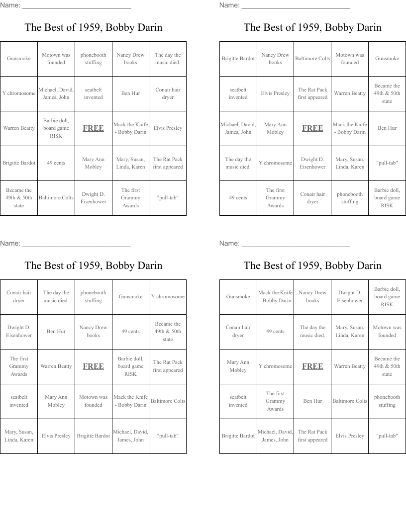 The Best of 1959, Bobby Darin Bingo Cards