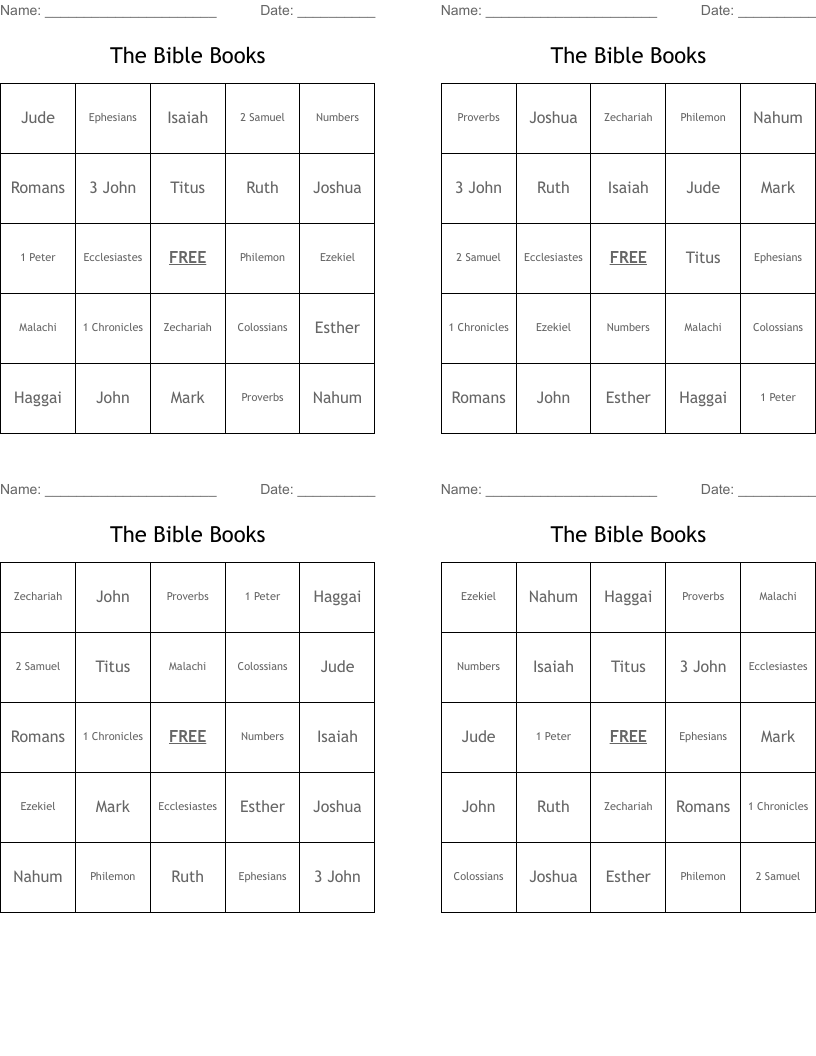 The Bible Books Bingo Cards