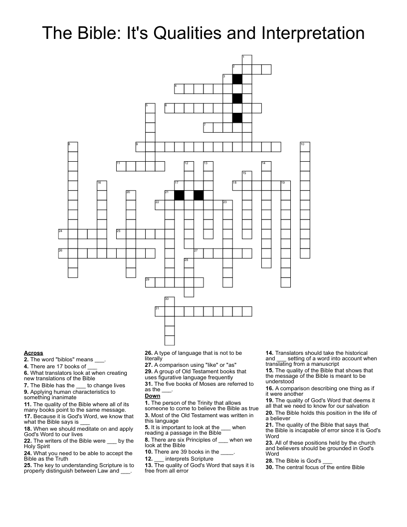 The Bible: It's Qualities and Interpretation Crossword