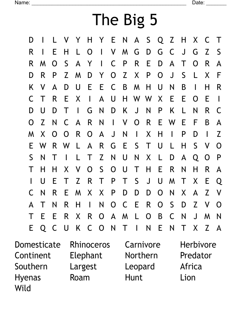 The Big 5 Word Search
