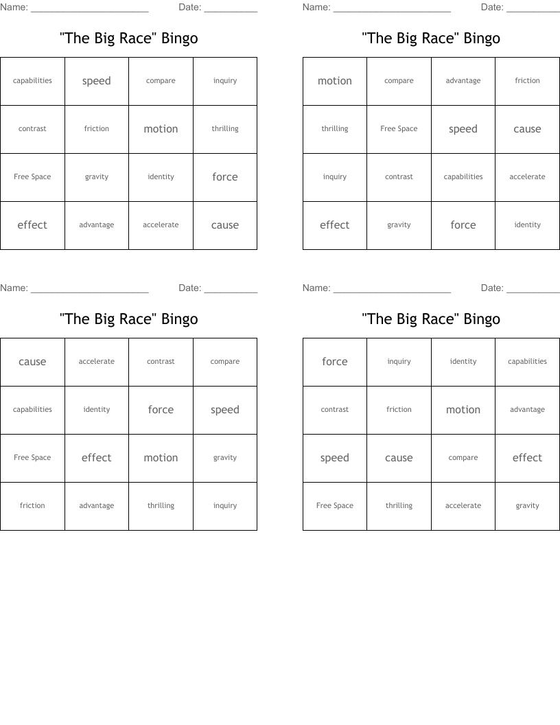"The Big Race" Bingo