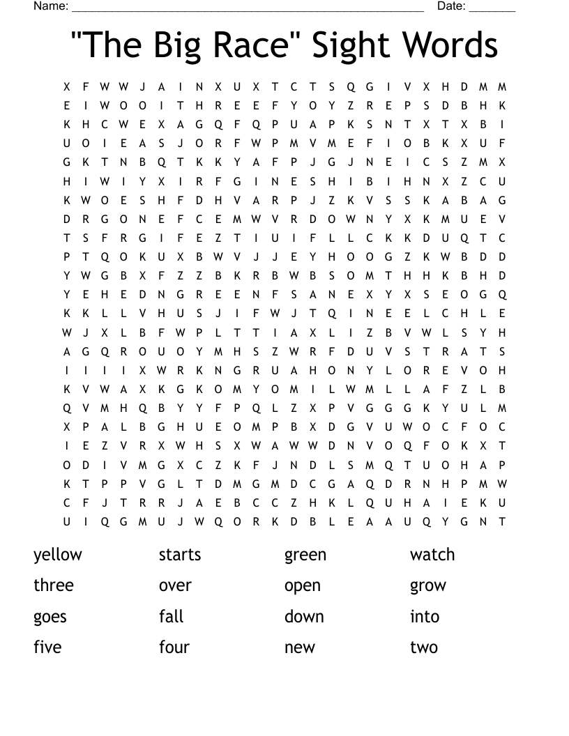 "The Big Race" Sight Words Word Search