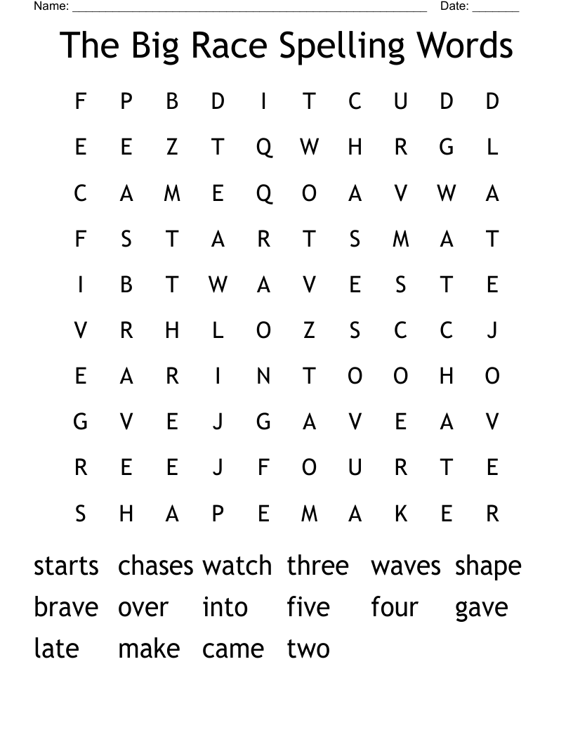 The Big Race Spelling Words Word Search