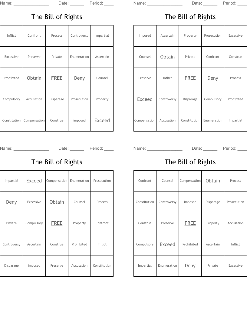 The Bill of Rights  Bingo Cards
