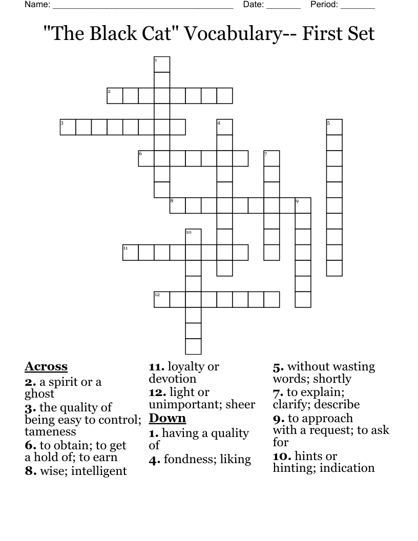 "The Black Cat" Vocabulary-- First Set Crossword