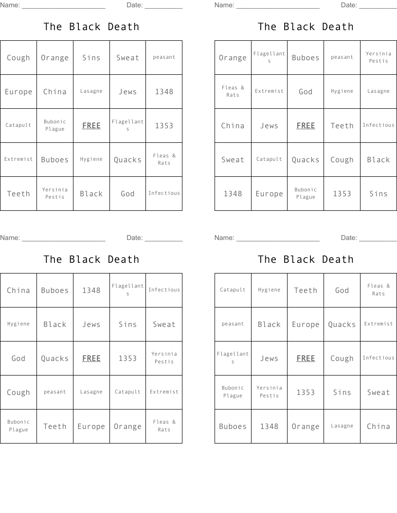 The Black Death Bingo Cards