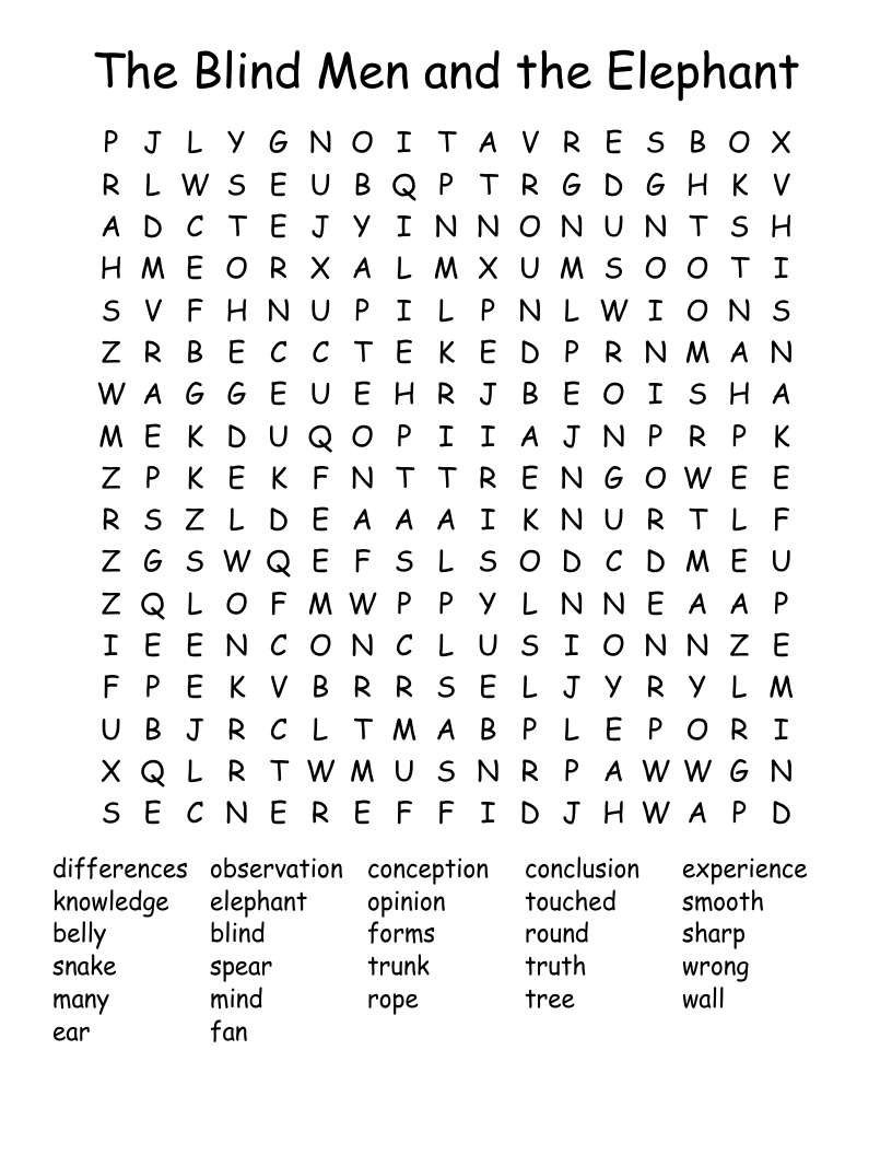The Blind Men and the Elephant Word Search