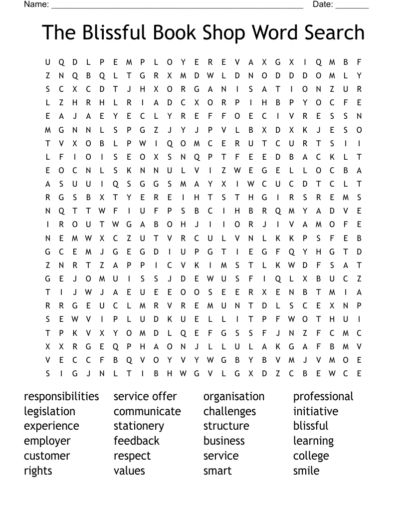 The Blissful Book Shop Word Search