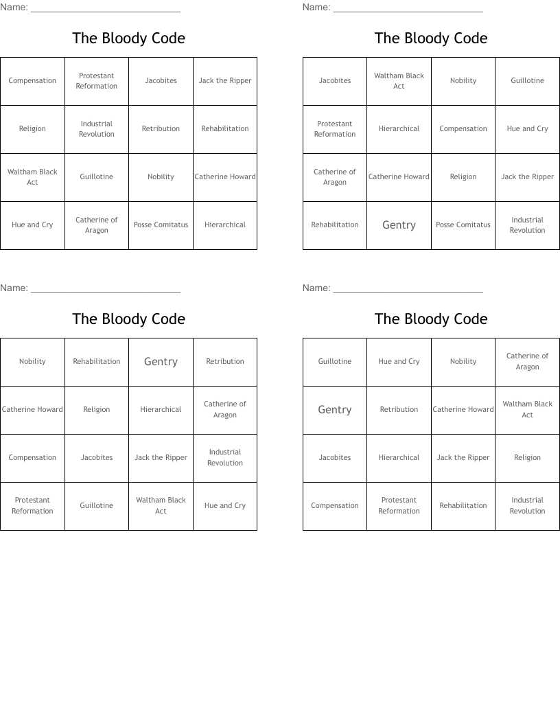 The Bloody Code Bingo Cards