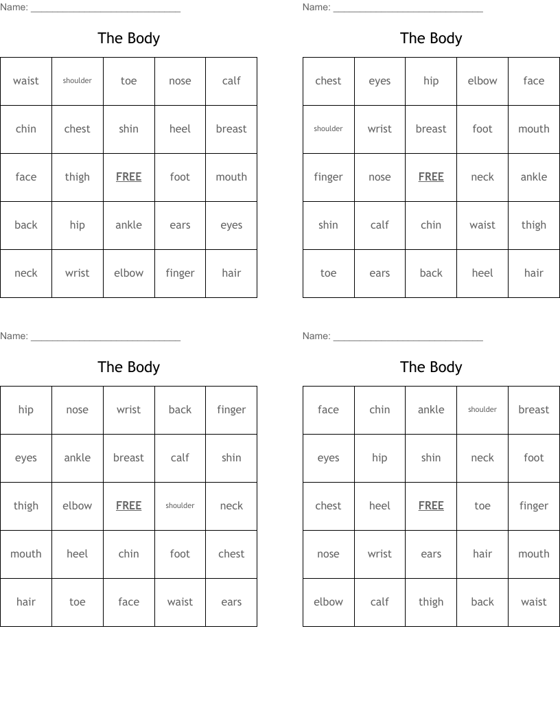 The Body Bingo Cards