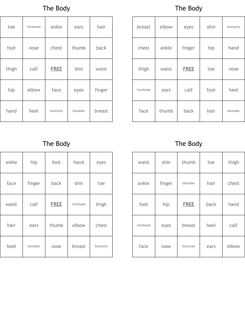 The Body Bingo Cards