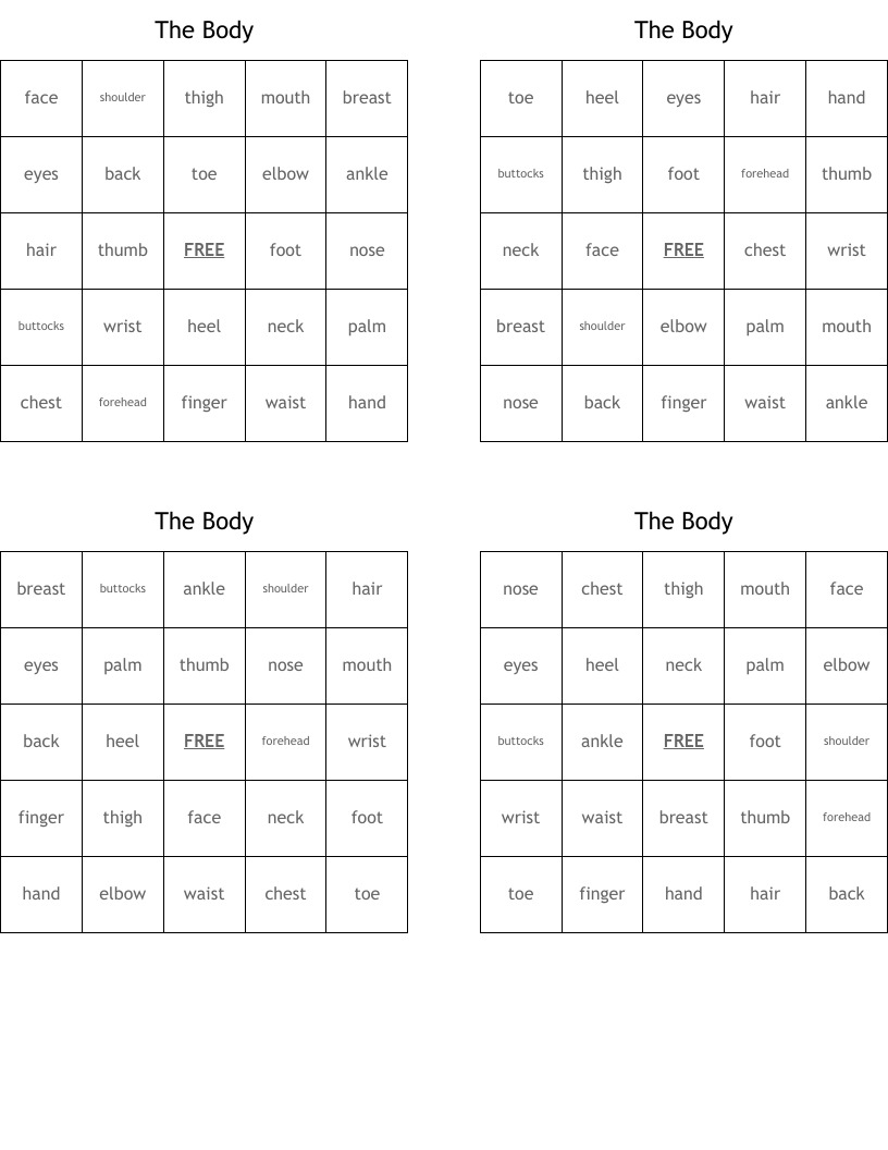 The Body Bingo Cards