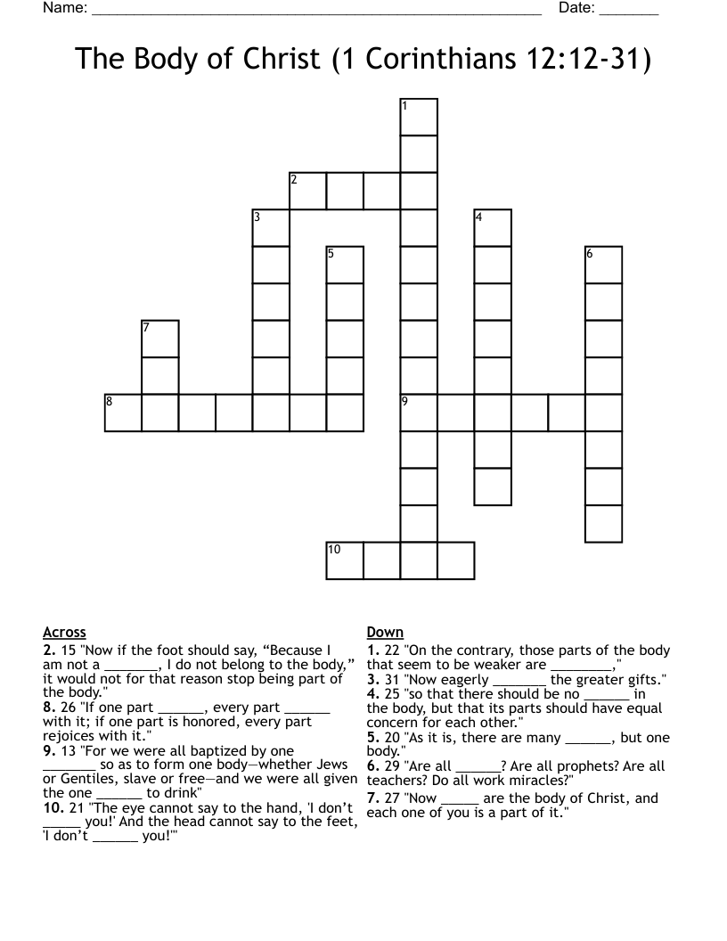 The Body of Christ (1 Corinthians 12:12-31) Crossword