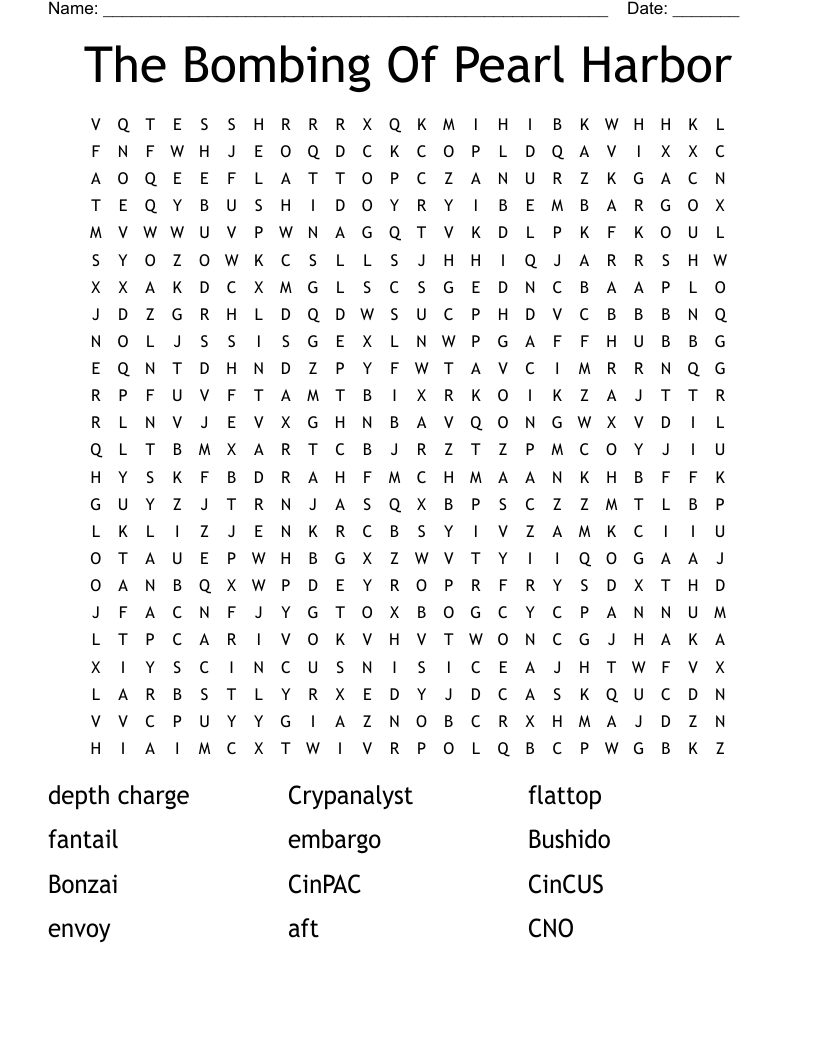 The Bombing Of Pearl Harbor Word Search