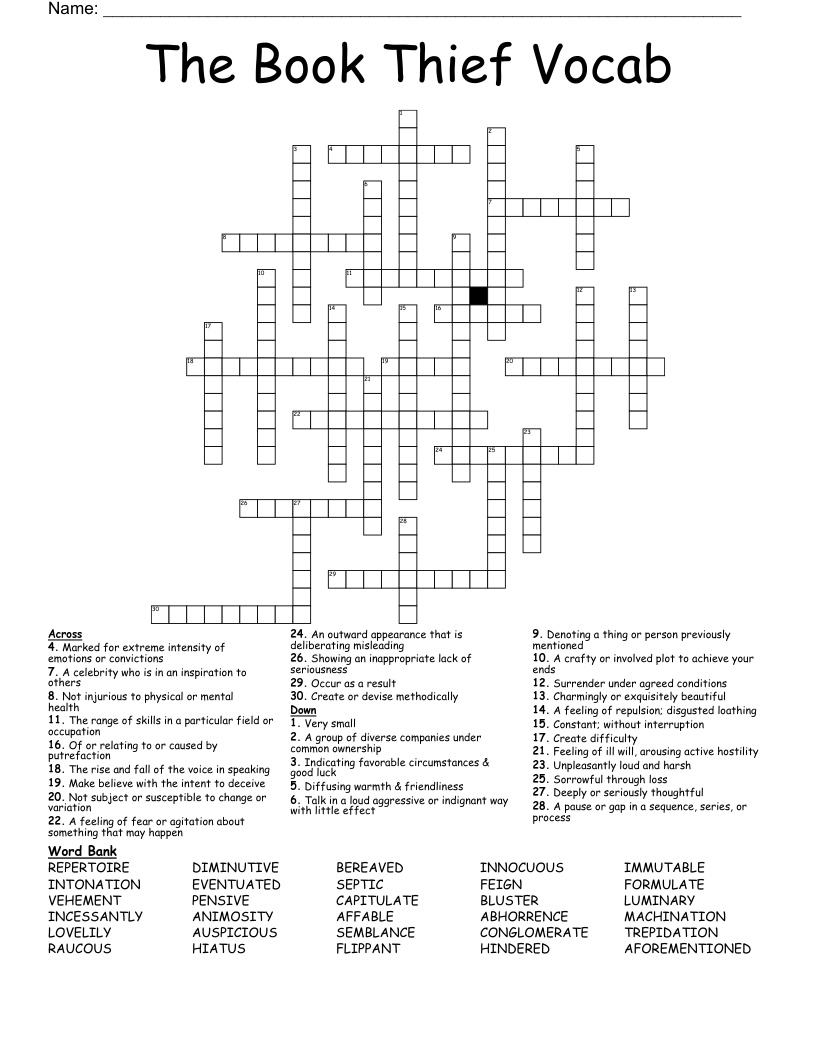 The Book Thief Vocab Crossword