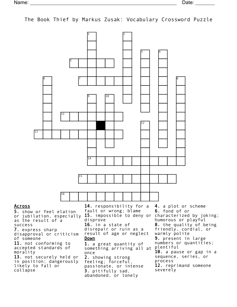 The Book Thief by Markus Zusak: Vocabulary Crossword Puzzle