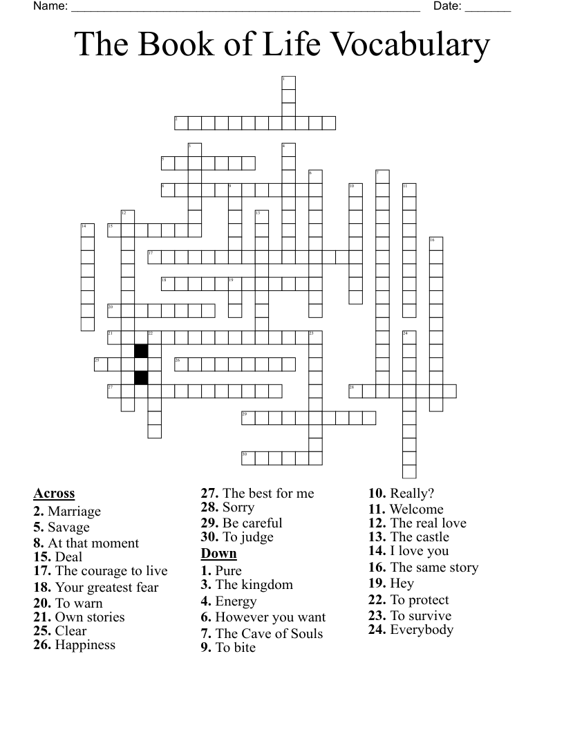 The Book of Life Vocabulary Crossword