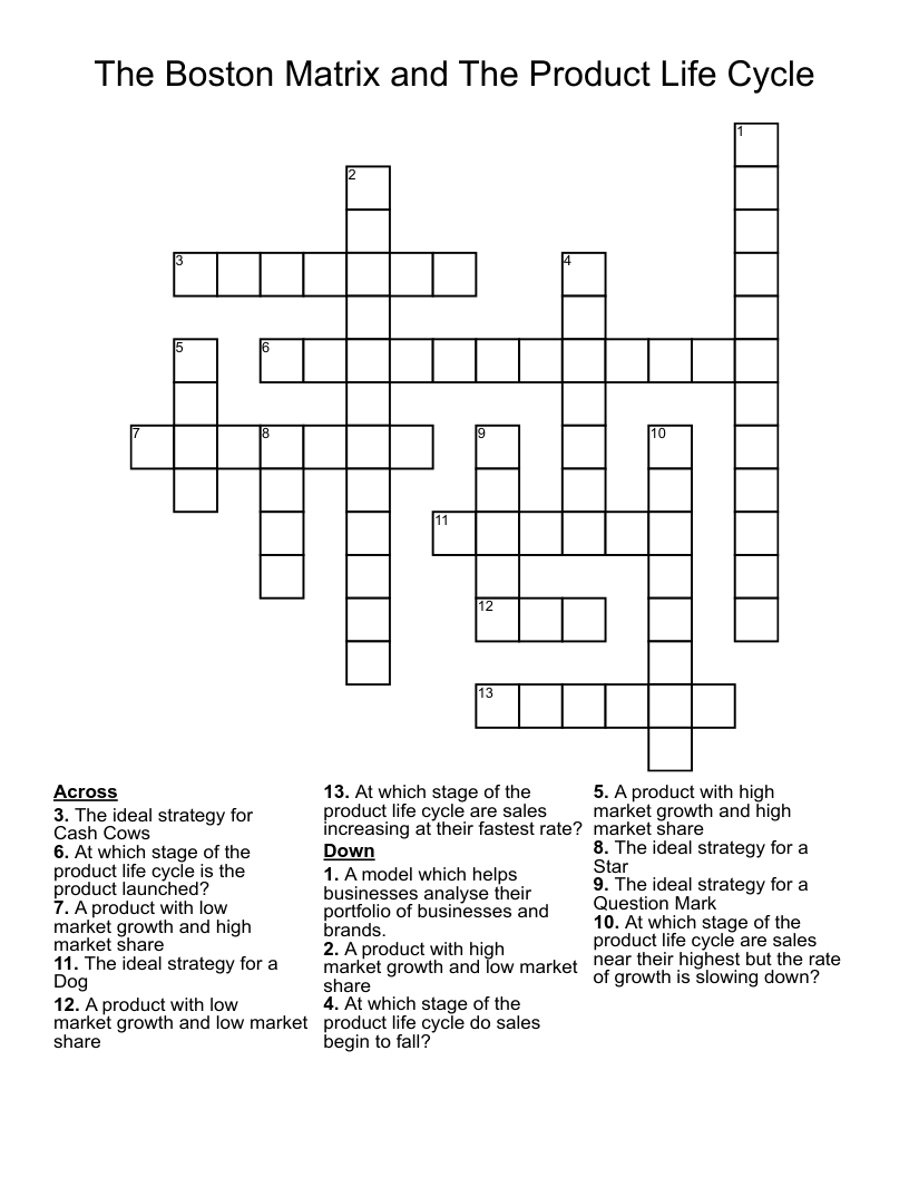 The Boston Matrix and The Product Life Cycle Crossword