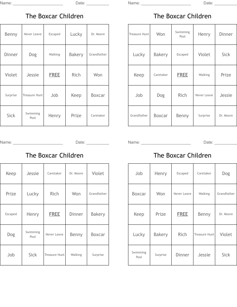 The Boxcar Children Bingo Cards