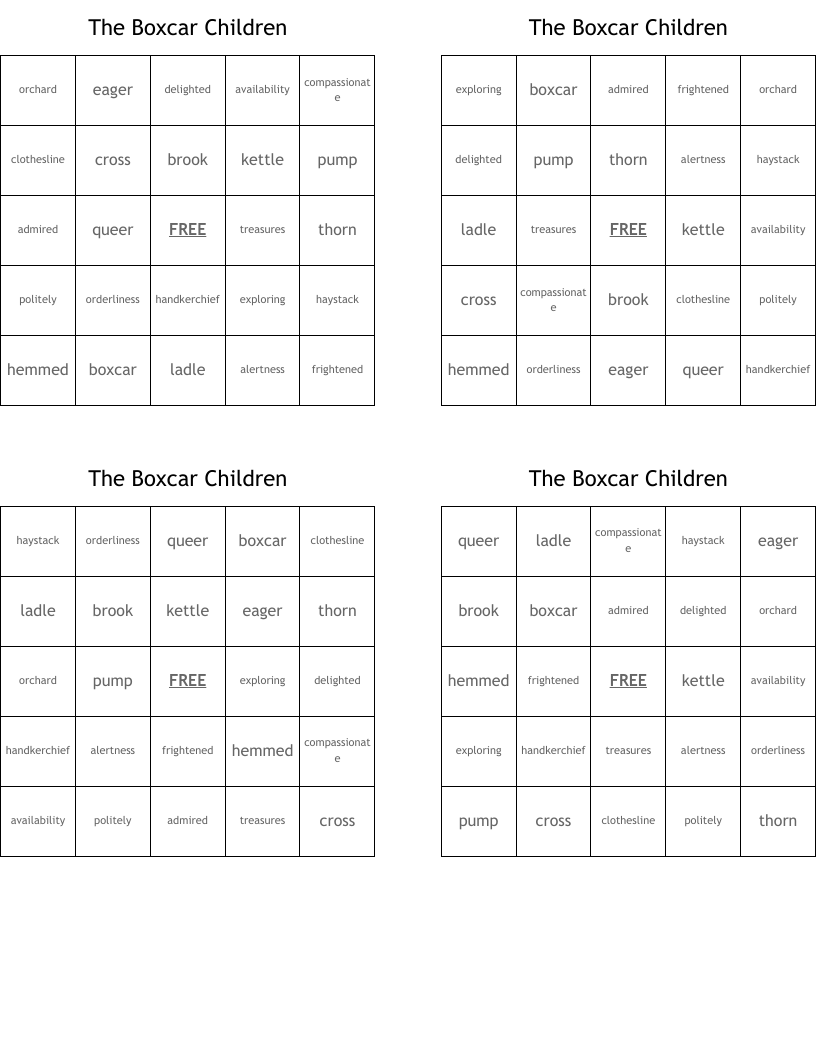 The Boxcar Children Bingo Cards