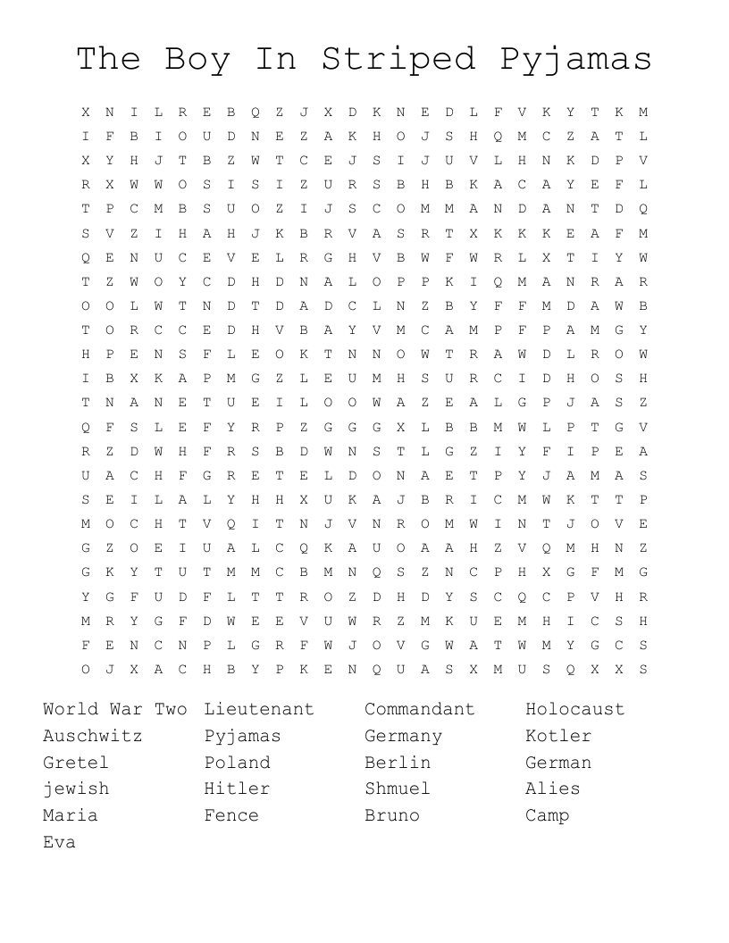 The Boy In Striped Pyjamas Word Search