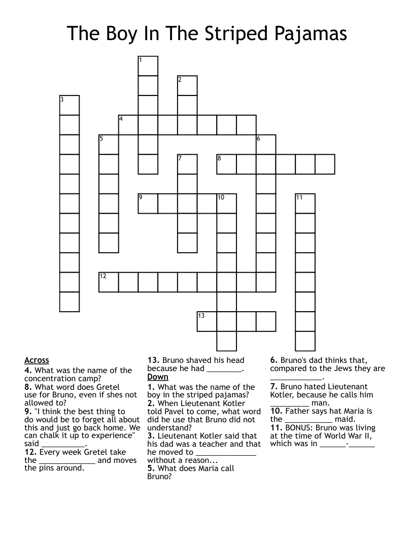 The Boy In The Striped Pajamas         Crossword