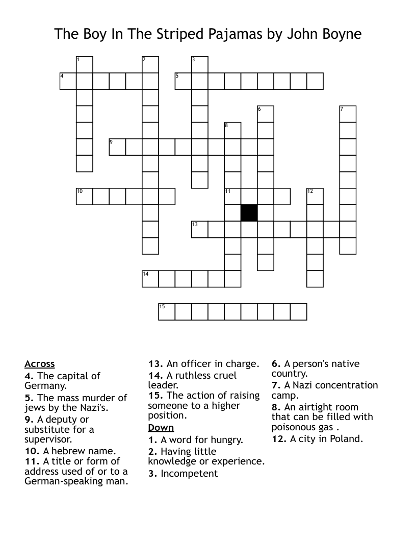 The Boy In The Striped Pajamas      by John Boyne Crossword
