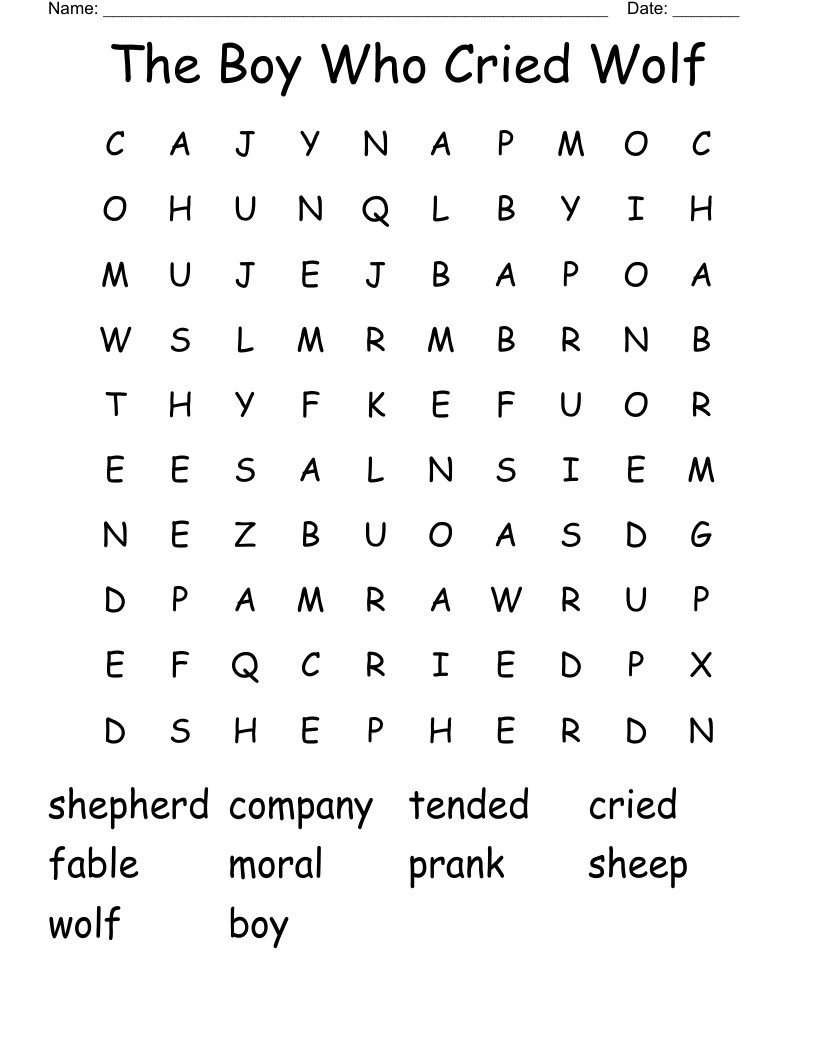 The Boy Who Cried Wolf  Word Search
